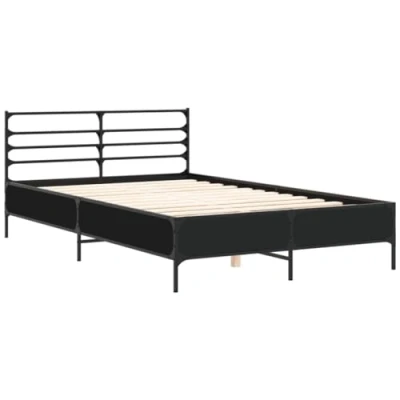 Image of vidaXL Double Bed Frame Black, 140x190 cm, Engineered Wood/Metal, Contemporary Bedroom Furniture with Metal Legs, Plywood Slats, and Ergonomic Headboard
