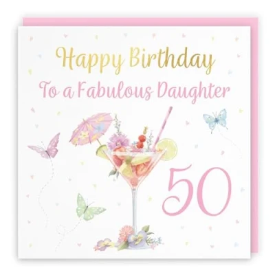 Image of Hunts England 50th Daughter Pink Cocktail And Butterflies Birthday Card Luxury Gold Foil Milo&#039;s Gallery Age 50 Drinks, Flowers, Hearts Elegant For Fifty