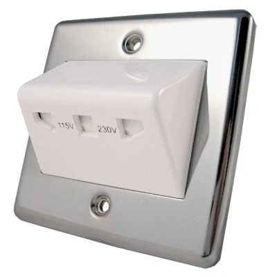 Image of Shaver Socket Single Plate Polished Chrome Classic White Insert Dual Voltage 115V/ 230V