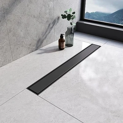 Image of EMKE Linear Shower Drain 600mm, 304 Stainless Steel Long Invisible Floor with Odor Stop and Hair Strainer, 2 in 1 Tile Insert Double Sided for Kitchen, Bathroom Matte Black