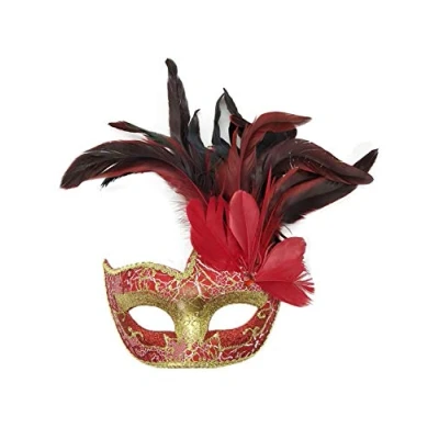 Image of Coolwife Costume Mask Feather Masquerade Halloween Mardi Gras Cosplay Party Masque (Crack Red)