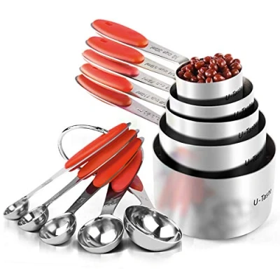 Image of U Taste 18/8 Stainless Steel Measuring Cups and Spoons Set of 10, Upgraded Thickness Handle (Red)