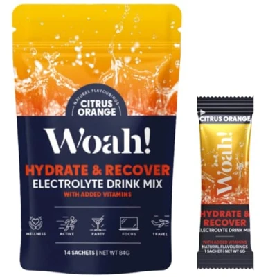 Image of Woah! Electrolyte Sachets for Rapid Hydration and Recovery with Vitamins Natural Flavourings Citrus Orange, 14