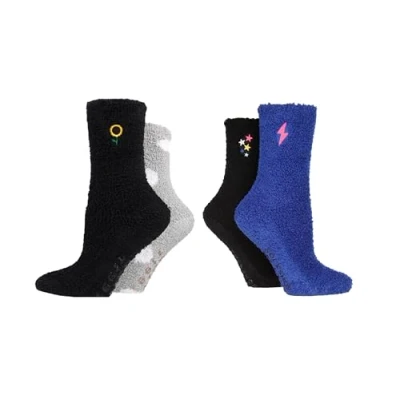 Image of SockShop 4 Pairs Wildfeet Cosy Lounge Socks, Cosy, Ladies Size 8 (UK, Numeric, 4, 8, Regular, Stars/Lightening/Flower/Spots)