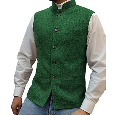 Image of Solovedress Mens Vintage Suit Vest Zhongshan High Collar Tweed Waistcoat for Men Groosmens (Green,XL)