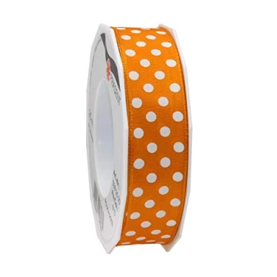 Image of Präsent Polka Dots Wired &amp; Printed Ribbon Orange White 25 mm Width, 20 m Length