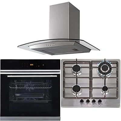 Image of SIA BISO6SS 60cm Black Touch Control 10 Function Single Fan Oven, 4 Burner Stainless Steel Gas Hob &amp; Curved Glass Cooker Hood Kitchen Extractor