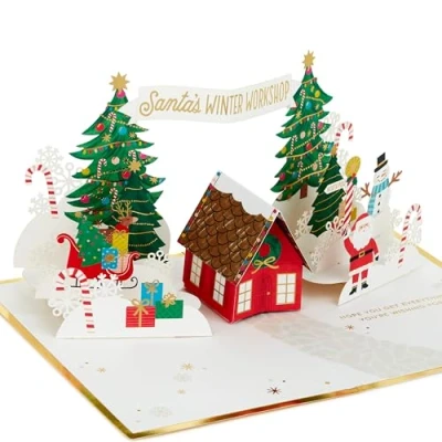 Image of Hallmark Christmas Card, 3D and Pop Up Santa&#039;s Workshop, Winter Wonderland, Red, Green, Gold