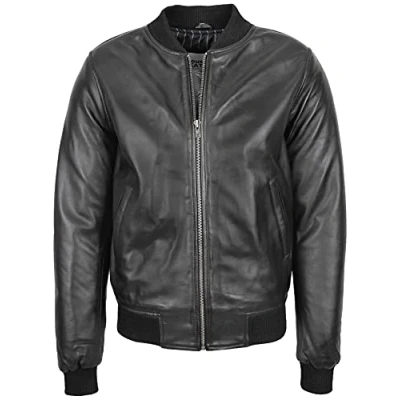Image of Mens Real Leather Bomber Jacket MA 1 Varsity Style Ryan (L, Black)