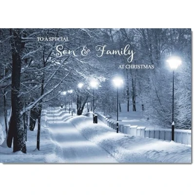 Image of doodlecards Son and Family Christmas Card Snowy Street Scene Medium Size for &amp; with Plain Envelope