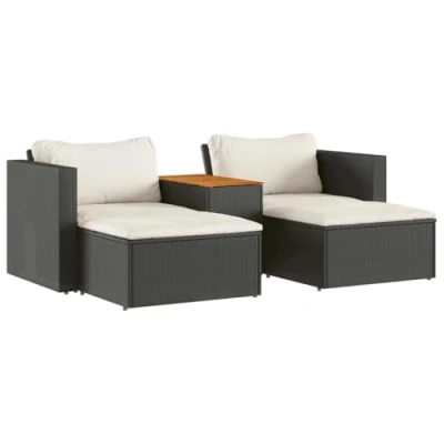 Image of vidaXL Garden Sofa Set 5 Piece with Cushions Black Poly Rattan and Acacia Wood for Outdoor Patio, Terrace, Backyard Seating