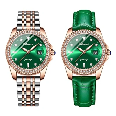 Image of JewelryWe Women Watches Round Green Dial Analog Quartz Calendar Watch Simple Stylish Business Casual Wristwatch