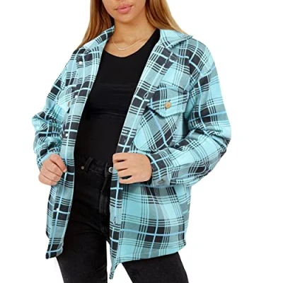 Image of A2Z Ladies Shacket Shirt Jacket Checked Button Down Oversize JK37 Aqua S