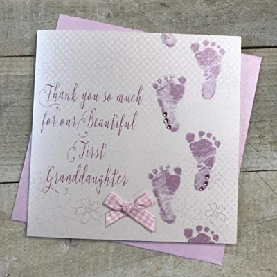 Image of WHITE COTTON CARDS Welcome to our 1st Granddaughter handmade Baby card Pink Footprints WB301