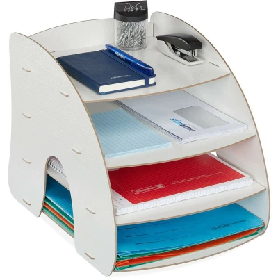 Image of Relaxdays Filing Cabinet, 4 Compartments, Letter Tray, Office Document Organiser, A4 Format, 27 x 25.5 34.5 cm, White, Fibreboard