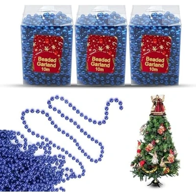 Image of 3x Blue 10M Christmas Bead Chains, Luxury Plastic Garland for Xmas Tree Hanging Ornaments, Shiny Shatterproof Garland, Party Decoration, Classic Festive Décor