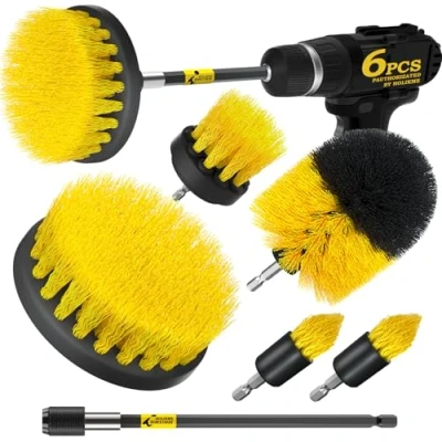 Image of Holikme 4Pack Drill Brush Power Scrubber Cleaning Extended Long Attachment Set All Purpose Scrub Brushes Kit for Grout, Floor, Tub, Shower, Tile, Bathroom and Kitchen Surface，Yellow