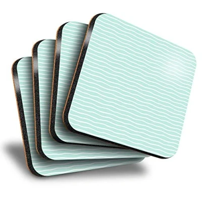 Image of Destination Vinyl ltd Great Coasters (Set of 4) Square White &amp; Mint Green Wave Pattern Drink Glossy Coasters/Tabletop Protection for Any Table Type #16704