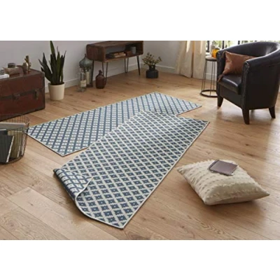 Image of NORTHRUGS Indoor and Outdoor Rug Nizza 80 x 250 cm Reversible Weatherproof Modern Geometric Pattern Runner for Balcony Patio Garden Conservatory Living Room Waterproof in Blue Cream