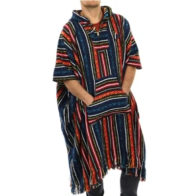 Image of LOUDelephant 100% Woven Cotton Long Hooded Poncho Blue &amp; Red