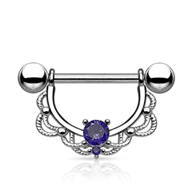Image of The Goldmine Nipple Piercing Purple CZ Centred Filigree Drop 316L Surgical Stainless Steel bar Ring 14GA(1.6mm) 5/8&quot; (16mm) (12mm actual space for Nipple)
