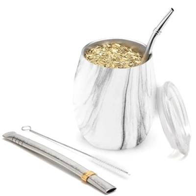 Image of balibetov Modern Mate Cup and Bombilla Set (Yerba Cup) Yerba Includes Double Walled 18/8 Stainless Steel Tea Cup, Two (Straw) a Cleaning Brush (Marble, 235 ml)