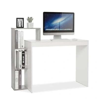 Image of Mondeer Compact Computer Desk with 3 Storage Shelves, Space Saving Writing Desk, 110 x 40 92 cm, for Home Office Workstation Study, White and Grey