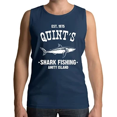 Image of Mens Quints Fishing Shark Jaws Inspired Amity Cult Movie Vest Tank Top Navy Blue (XL)