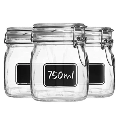 Image of Bormioli Rocco 3pc Lavagna Glass Storage Jar Set with Chalkboard Labels Food Pasta Jam Preserving Jars 750ml