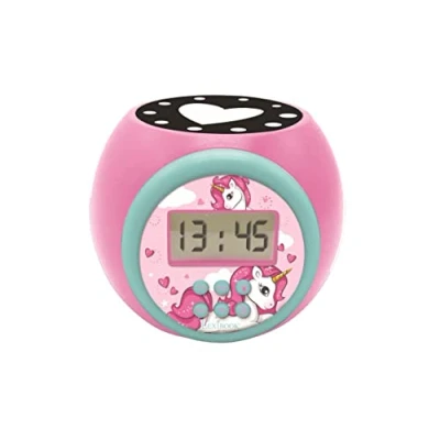 Image of LEXIBOOK Projector Clock Unicorn with Snooze Alarm Function, Night Light Timer, LCD Screen, Battery Operated, Pink, RL977UNI