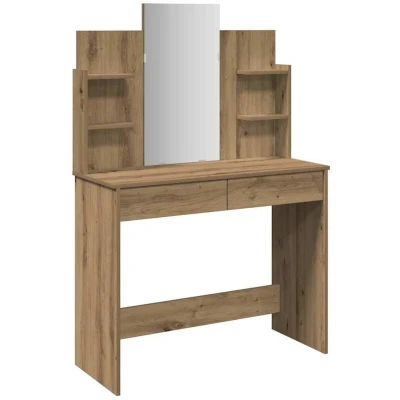 Image of vidaXL Dressing Table Vanity with Mirror Artisan Oak Finish Engineered Wood Bedroom Furniture Storage Drawers &amp; Elegant Design 96x39x142 cm
