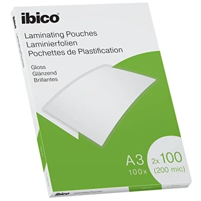 Image of Ibico A3 Laminating Pouches, 200 Micron (2x100), High Document Protection &amp; Durability, Pack of 100, Gloss Finish, Crystal Clear, 627320