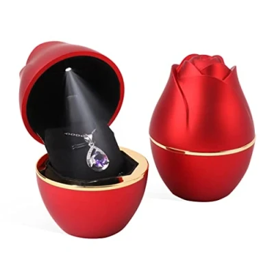 Image of Rolin Roly Pendant Box with LED Light Red Rose Shape Velvet Storage Jewelry Boxes Display Necklace Gift Case for Organizer Engagement Anniversaries Weddings