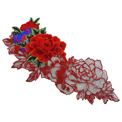 Image of Red Peony Flower Embroidery Applique Organza Motif Patches Sew on Embellishment for Lady Dress Decorated Sewing 1piece
