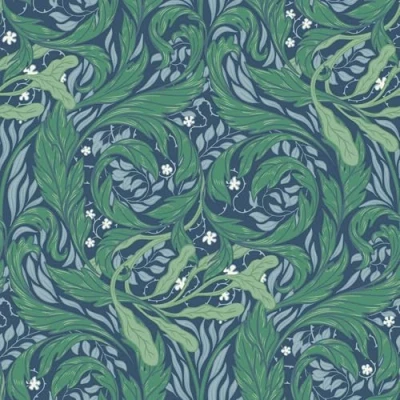 Image of Vale Leaf Arts and Crafts Lightly Textured Wallpaper with Metallic Elements Perfect for Bedrooms, Living Rooms Hallways Green/Blue Muriva 221501