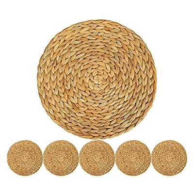Image of Placemats Round Braided Placemats, Water Hyacinth Washable, Set of 6 Large Woven Table Mats Heat Resistant Coasters Non Slip Cup Mat for Dining (Size : 20cm)
