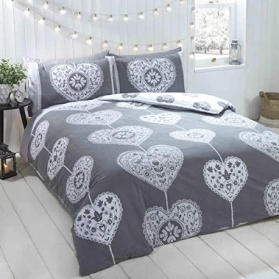 Image of Rapport Hearts Christmas Scandi Duvet Cover Set, 100% brushed cotton, Grey, Single