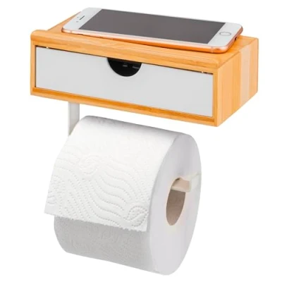 Image of eluno Toilet Roll Holder, 3 in 1 Function, Wet Wipes Box, Tray, Bamboo/Metal (white)