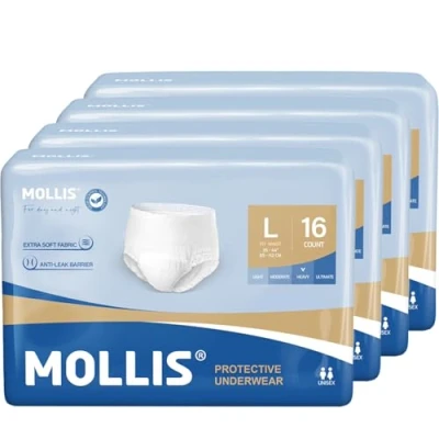 Image of MOLLIS Incontinence Pants Women &amp; Men, Adult Pull Up Pants, Unisex Disposable Protective Underwear, High Absorbency, Odor Control, Large, 64 Count (4 Packs of 16)