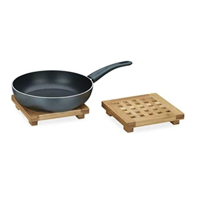 Image of Relaxdays Square Bamboo Set of 2 Pot Holders, Wooden, Size: ca 4 x 20 cm, Natural
