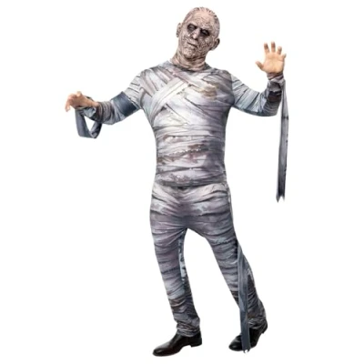 Image of Smiffys Universal Monsters Mummy Costume, Adults Top, Trousers &amp; Latex Mask, Official License Outfit with Overhead Mask Bandage Sleeves, Perfect for Halloween and Themed Parties