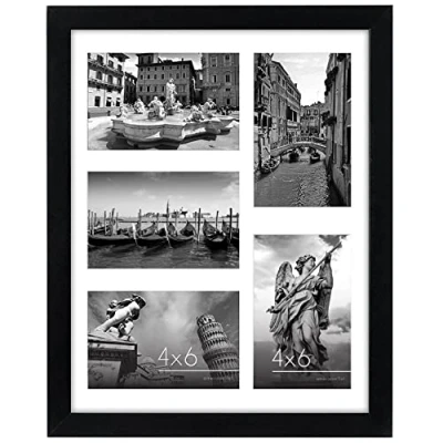 Image of Americanflat 11x14 Picture Frame in Black Five 6x4 Photo Openings with Shatter Resistant Glass Multi Aperture Collage Horizontal and Vertical Format for Wall