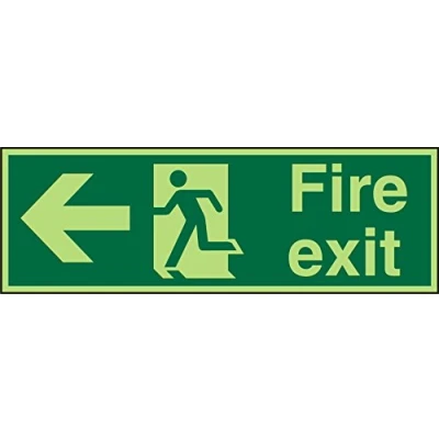 Image of Seco Fire Exit Arrow Pointing Left, Man Running Sign, 300mm x 100mm Photoluminescent Self Adhesive Vinyl