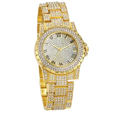 Image of JewelryWe Men Women Watches Stylish Rhinestone Round Quartz Watch Gold Plated Stainless Steel Wristwatch for Fathers Day