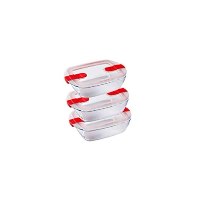 Image of Pyrex 1451130 Cook &amp; Heat Set of Three 1.1L Rectangular Glass Food Microwave Airtight Lids Storage Containers, Transparent/Green