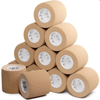 Image of Inksafe Tan Self Adherent Cohesive Bandages 5cm x 4.5m Box of 12 Uses Include Tattoo Grip Wrap, Vet Tape for Wrist and Ankle Sprains