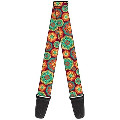 Image of Buckle Down Guitar Strap Boho Mandala Burgundy Yellow Turquoise Orange 2 Inches Wide