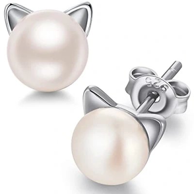 Image of jiamiaoi Cute Cat Pearl Earrings 925 Sterling Silver Freshwater for Women, Hypoallergenic Stud, Come with Gift Box