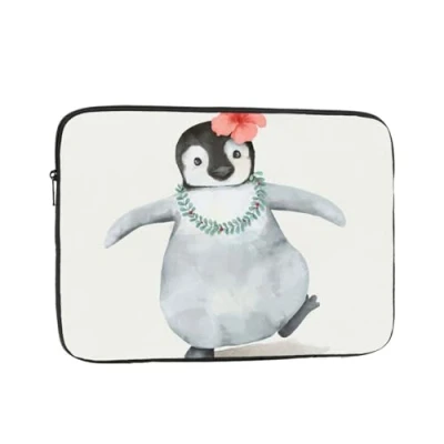 Image of Penguin Wearing Flowers Printed Laptop Sleeve For 15 Inch Laptop, Shockproof Oxford Fabric Protective Case Bag