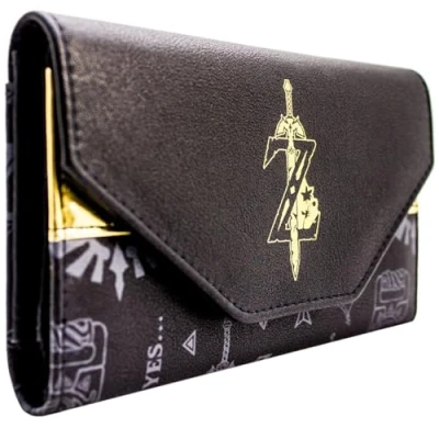 Image of Zelda Breath of The Wild Wake Up Link Sword Emblem Purse Tri Fold Coin, ID &amp; Card Holder, Black